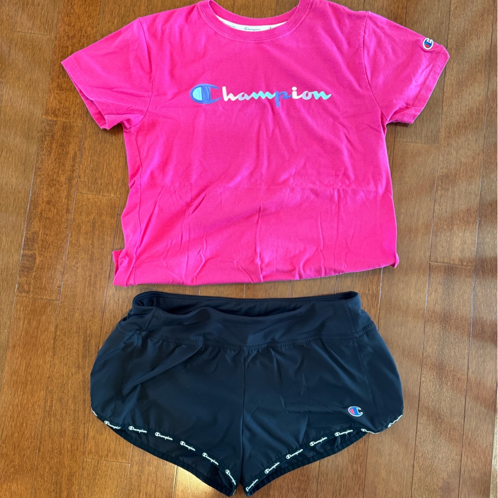 Champion Pink T-Shirt and Black Shorts Set